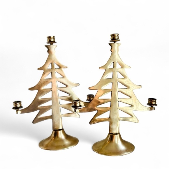 HOLLY + FERN Vintage Brass Christmas Tree Candelabras (set of 2) - Picture 1 of 5